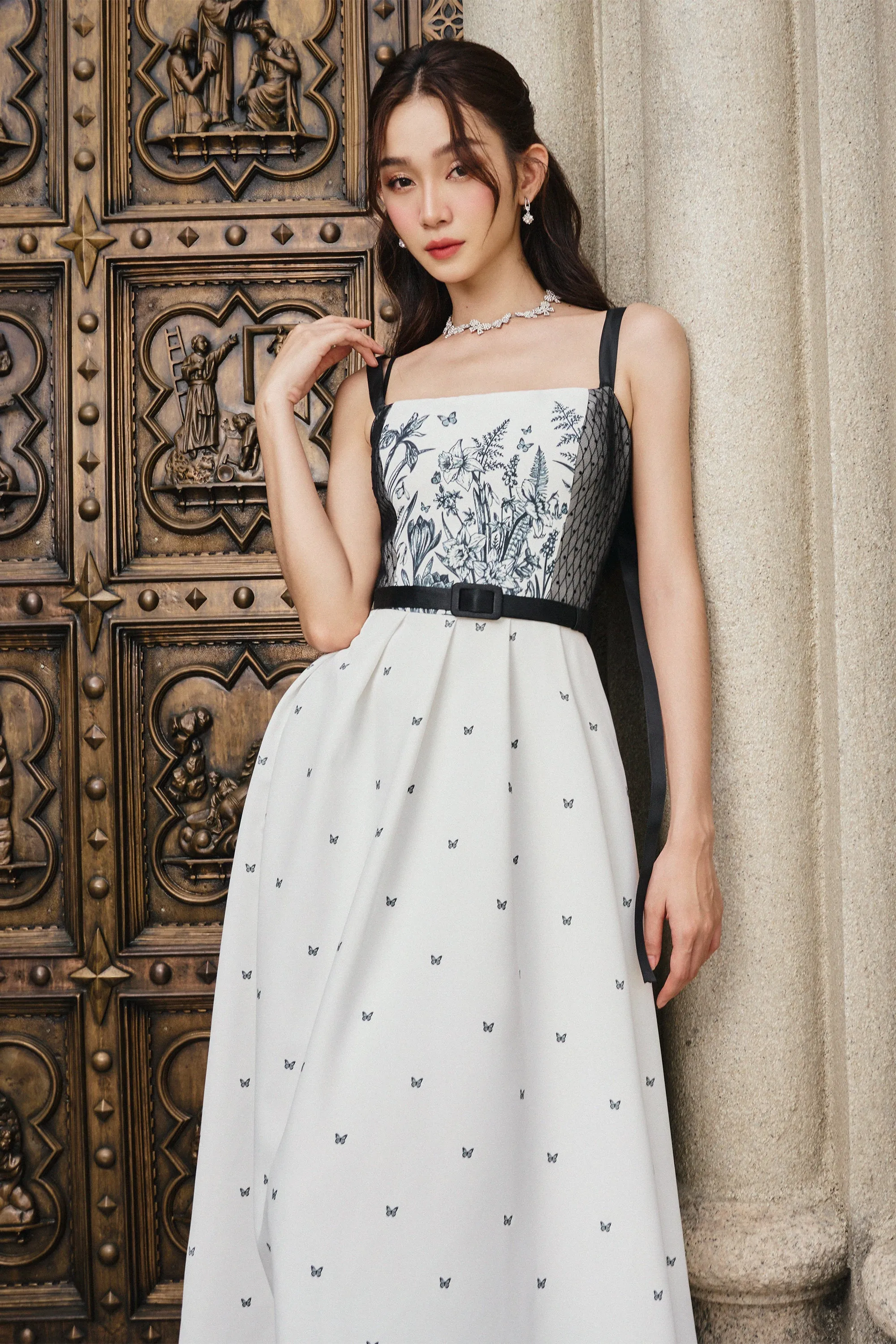 Bianca A-line Square Neck Twill Midi Dress