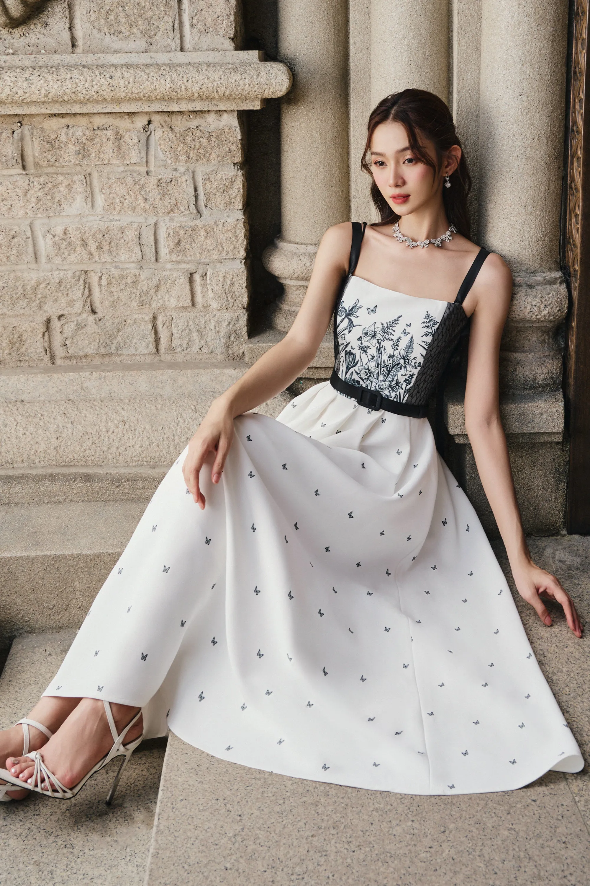 Bianca A-line Square Neck Twill Midi Dress