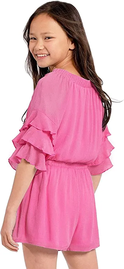 Big Girls Ruffle Sleeve Bubble Gum Pink Romper