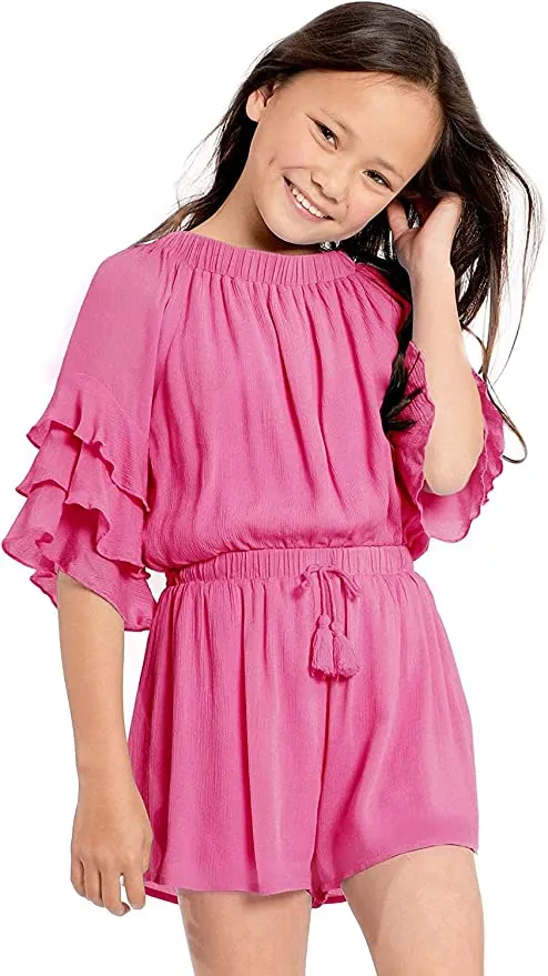 Big Girls Ruffle Sleeve Bubble Gum Pink Romper
