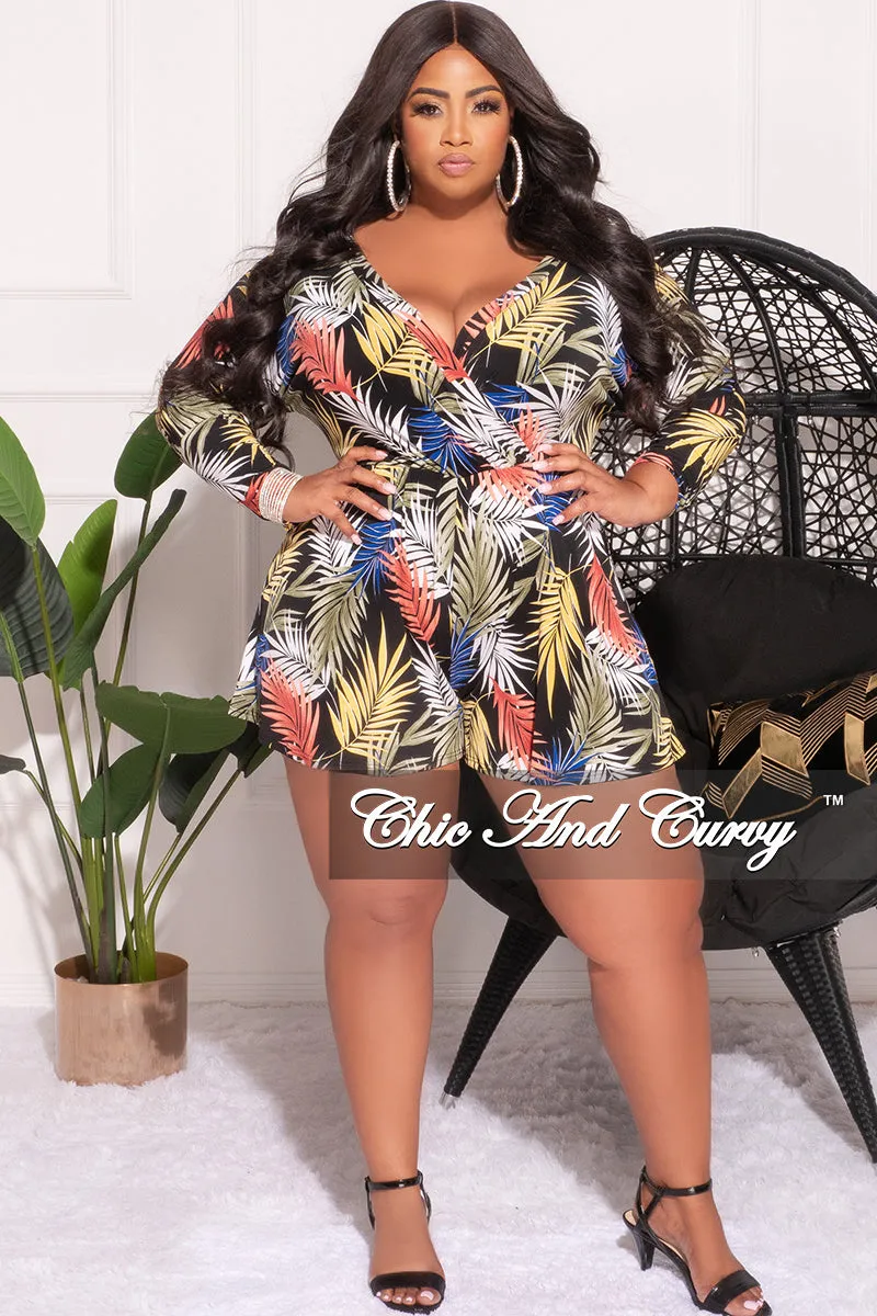 Final Sale Plus Size Faux Wrap Romper in Black Tropical Print