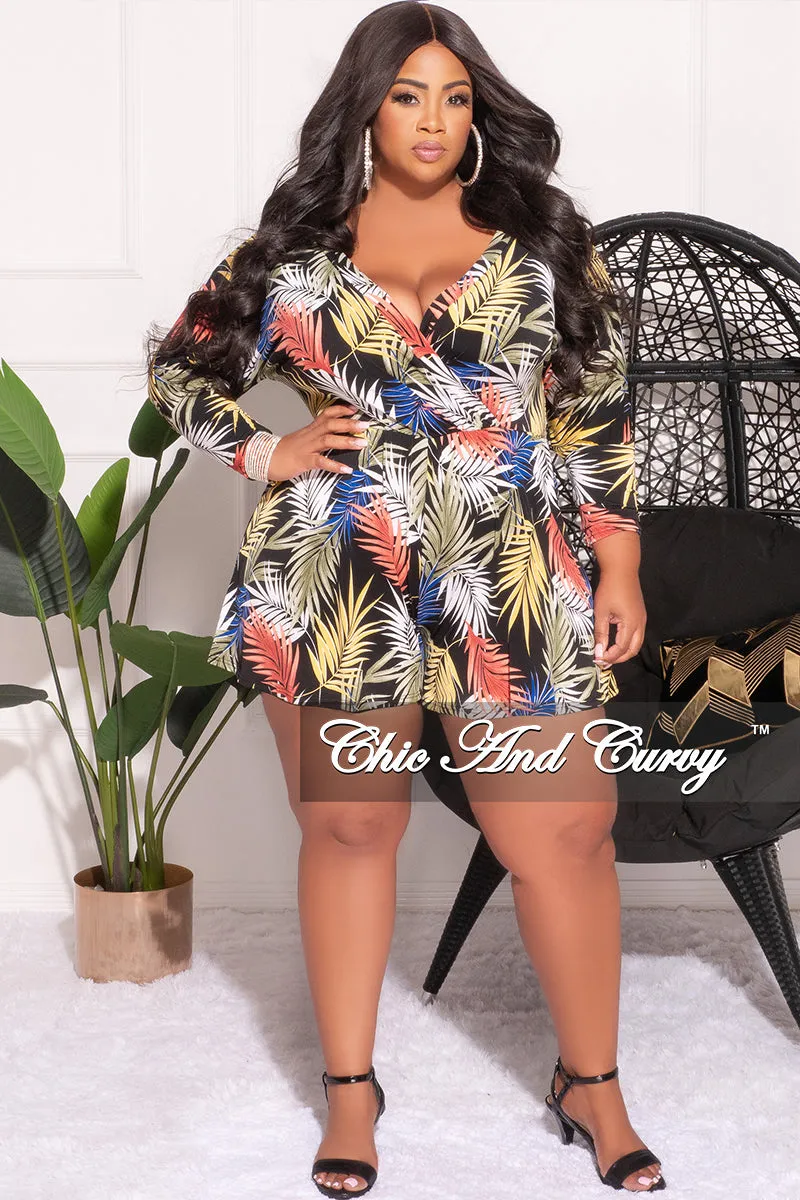 Final Sale Plus Size Faux Wrap Romper in Black Tropical Print