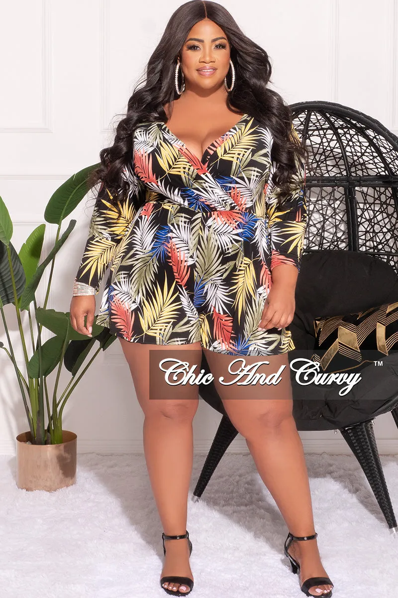 Final Sale Plus Size Faux Wrap Romper in Black Tropical Print