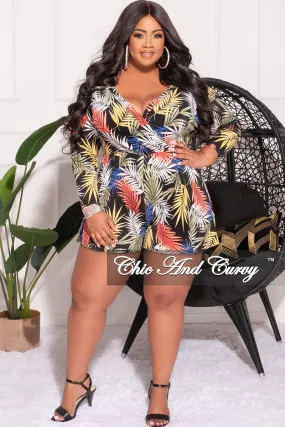 Final Sale Plus Size Faux Wrap Romper in Black Tropical Print