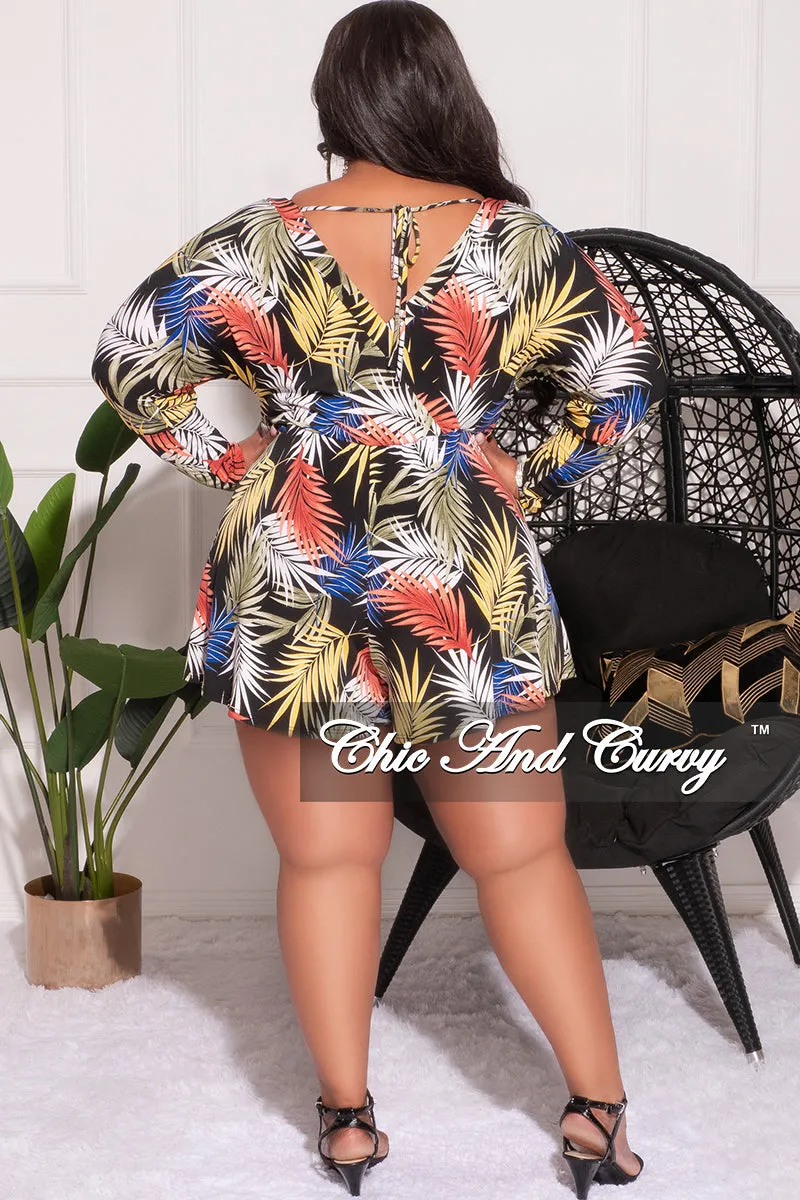 Final Sale Plus Size Faux Wrap Romper in Black Tropical Print