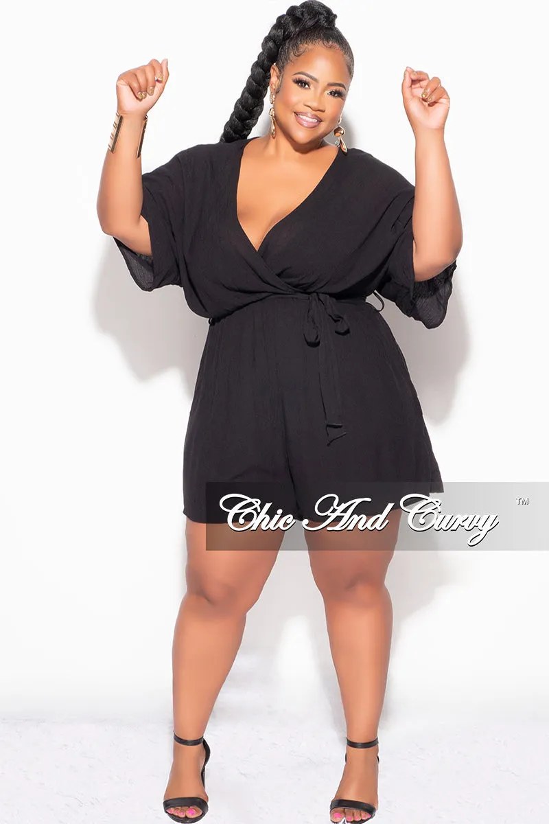 Final Sale Plus Size Faux Wrap Romper with Tie in Black