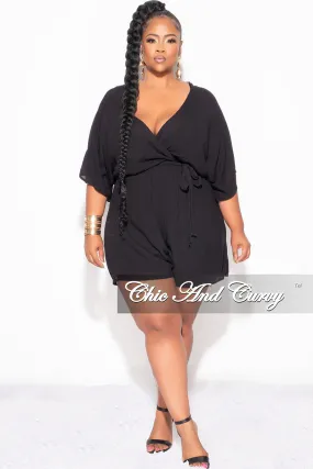 Final Sale Plus Size Faux Wrap Romper with Tie in Black