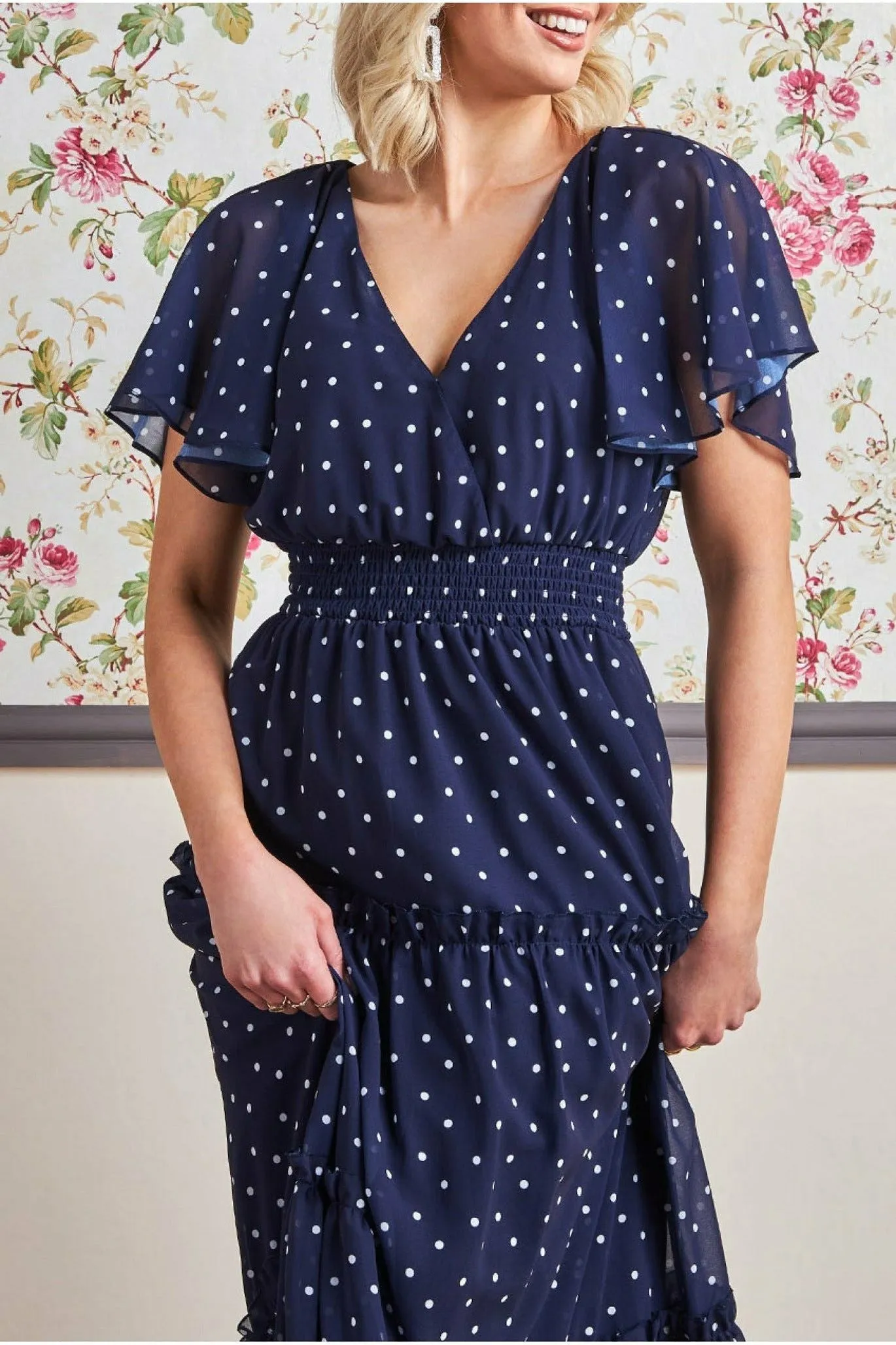 Goddiva Polka Dot Tiered Chiffon Maxi Dress - Navy