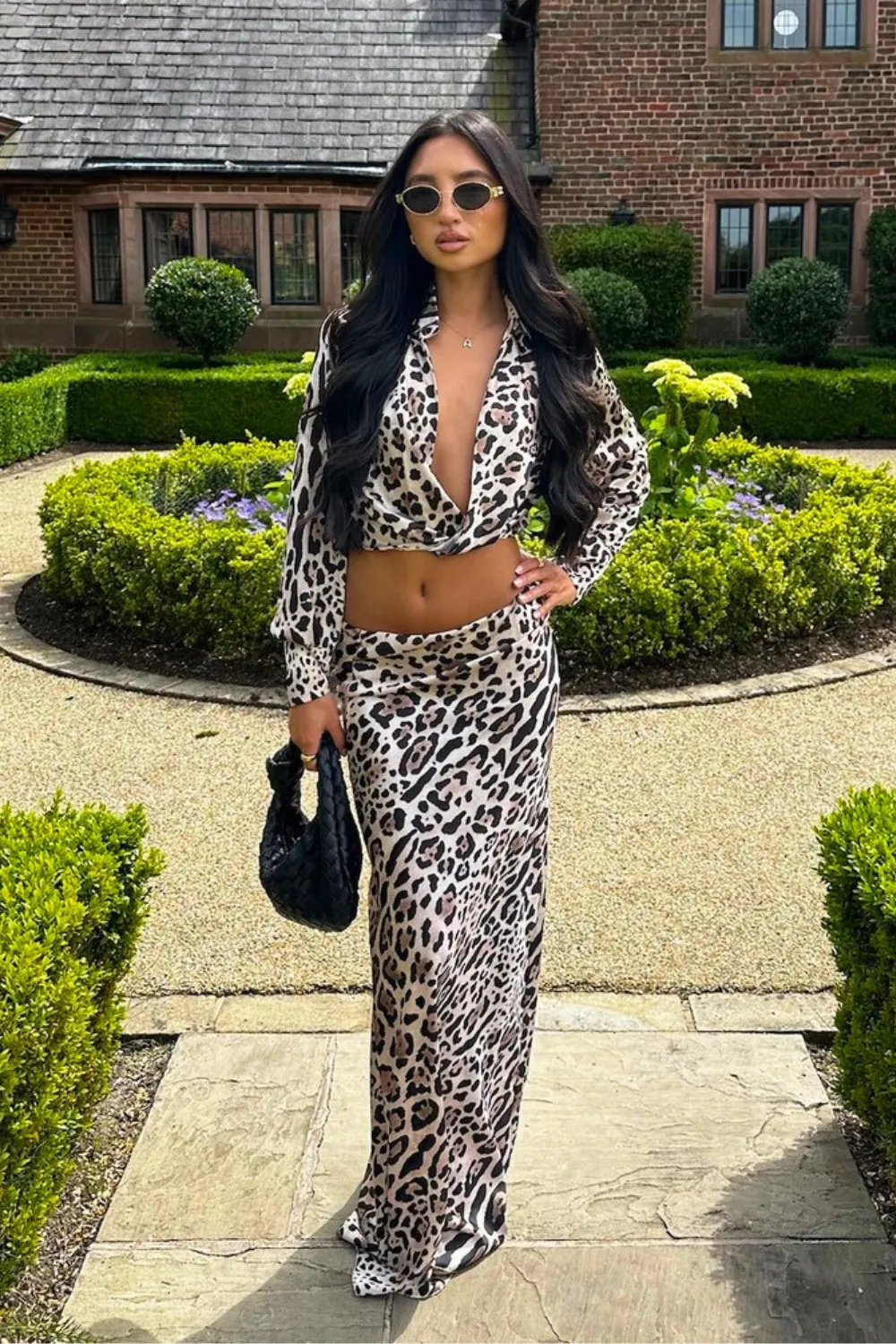 Kalli leopard satin blouse and midi skirt co-ord