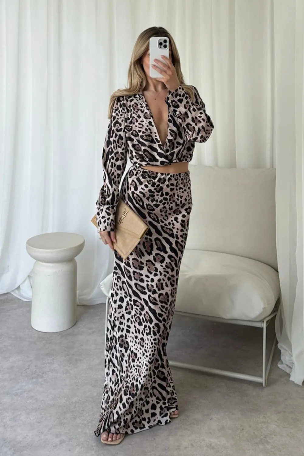 Kalli leopard satin blouse and midi skirt co-ord