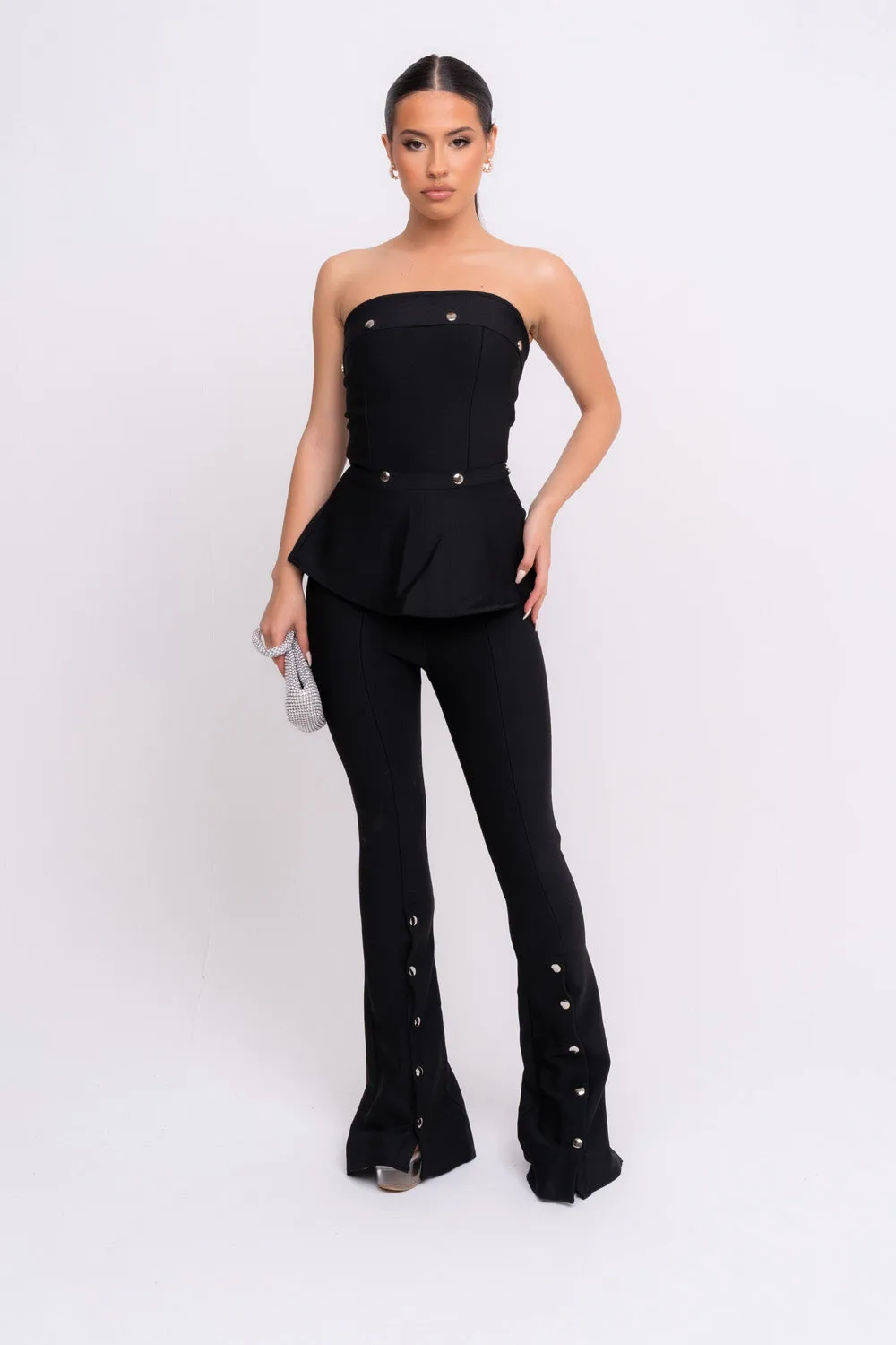 Luna VIP Luxe Black Bandage Bodycon Button Top and Trouser Co-Ord Set