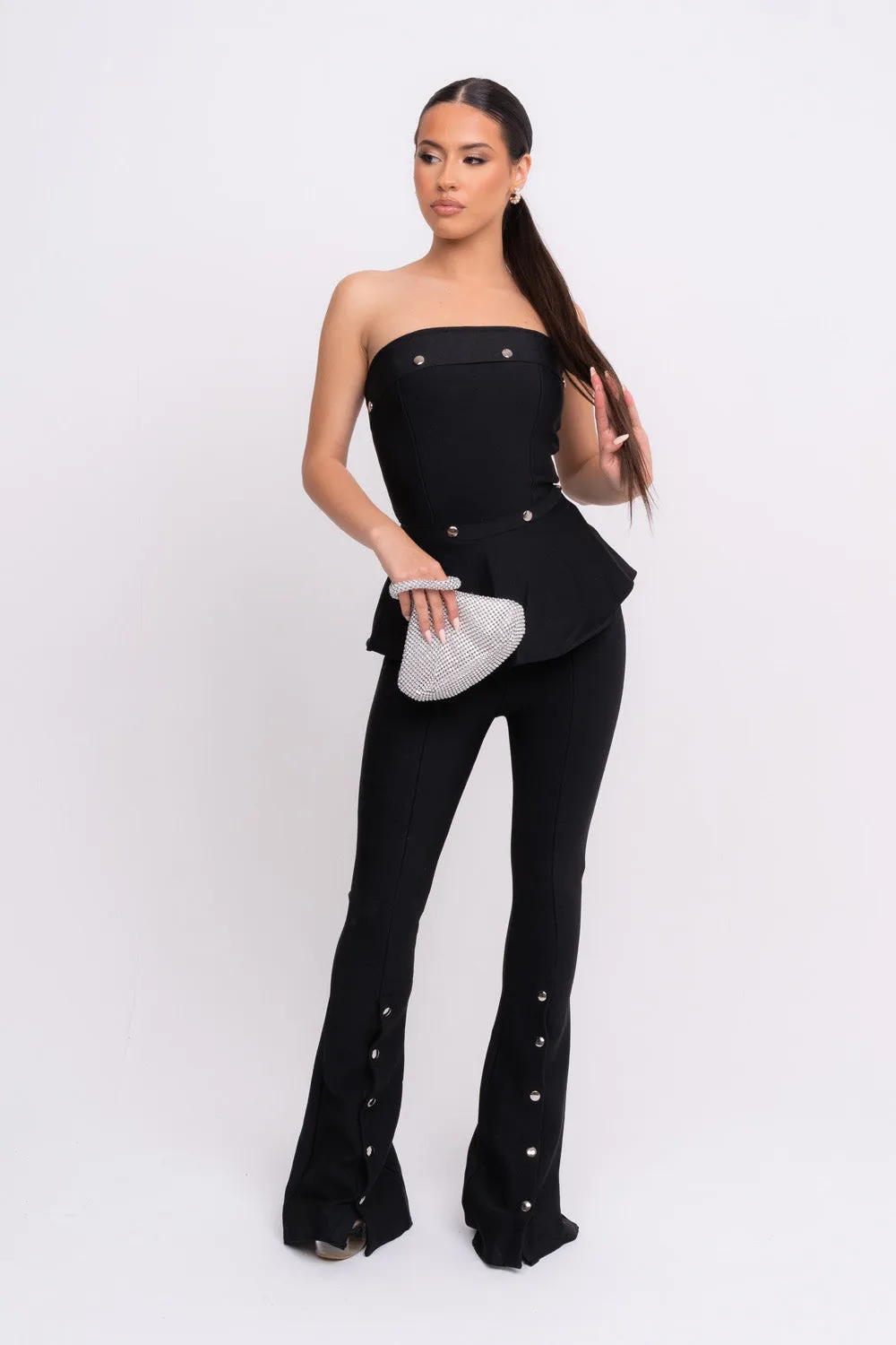 Luna VIP Luxe Black Bandage Bodycon Button Top and Trouser Co-Ord Set