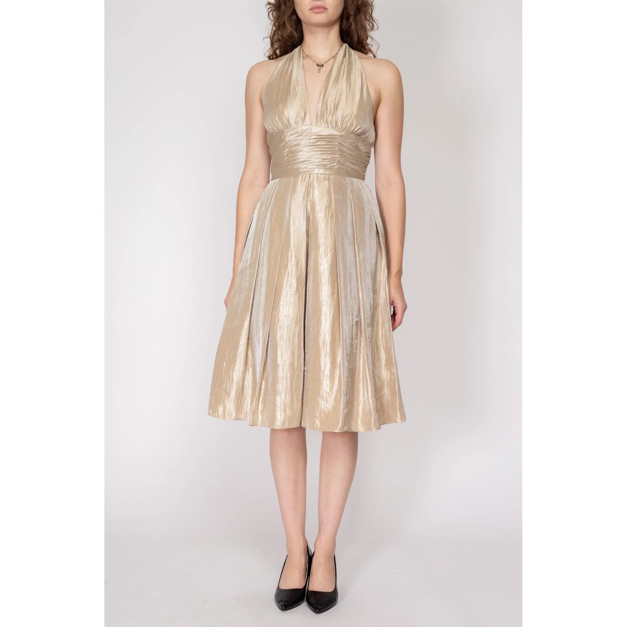Medium 90s Adrianna Papell Champagne Shimmer Halter Party Dress