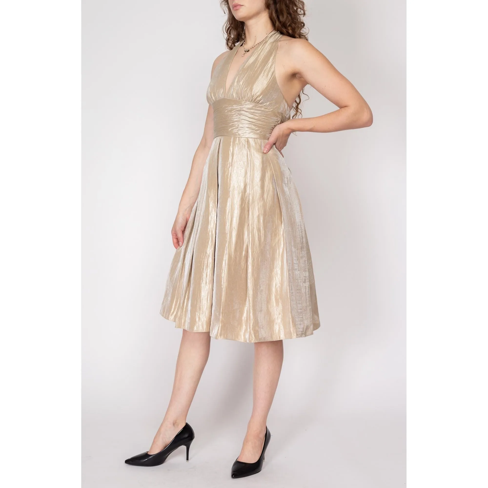 Medium 90s Adrianna Papell Champagne Shimmer Halter Party Dress