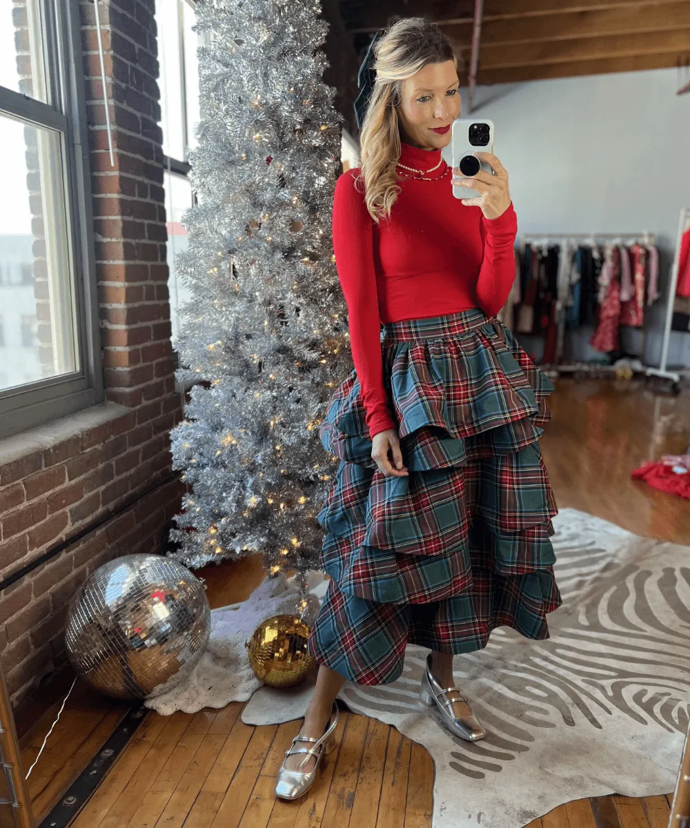 MIDI Teagan Tiered Skirt - Tartan Plaid