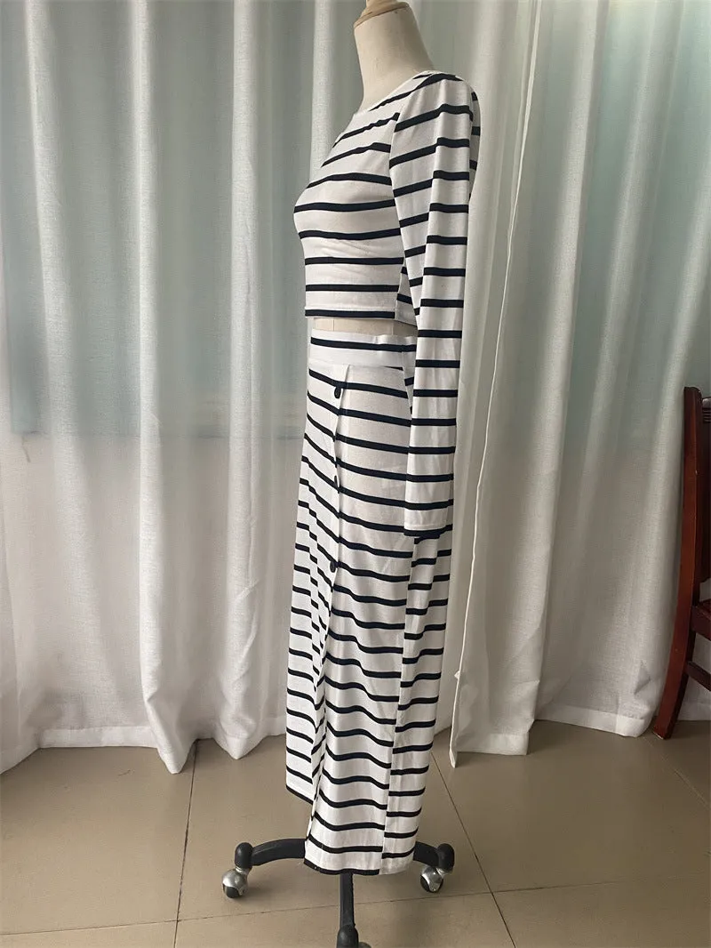 Pre Order:  Striped Long Sleeved Cropped Top   Button Up Skirt