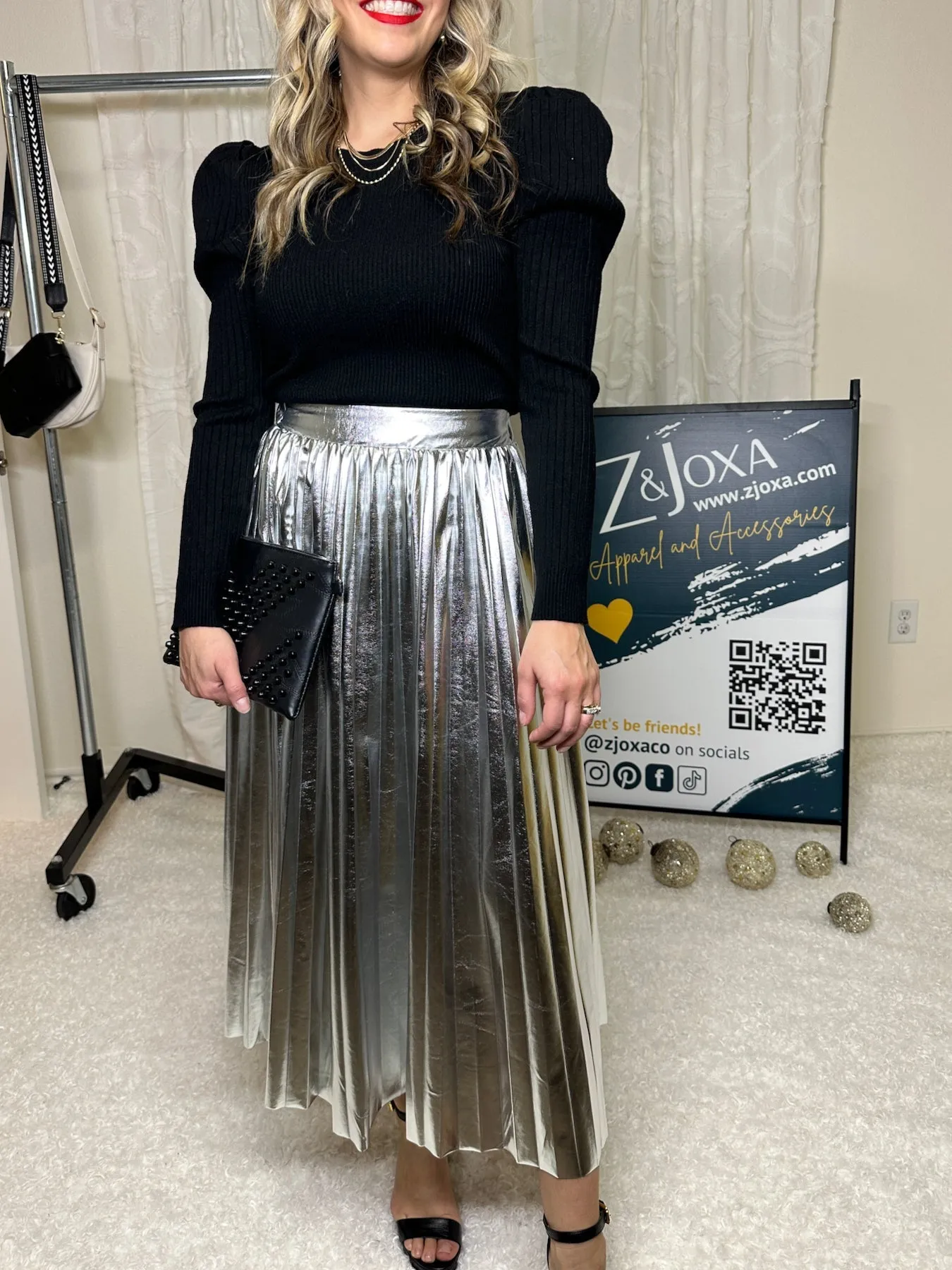 Seize the Day Metallic Pleated Midi Skirt