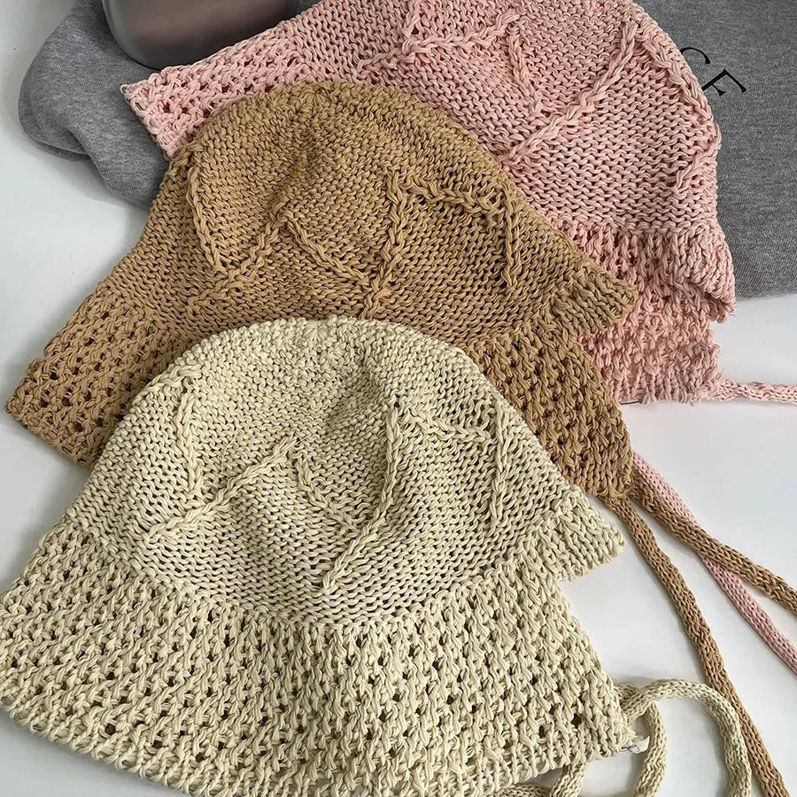 Sohiwoo Summer Knit Bucket Hats For Women Hollow Vent Panama Cap Female Foldable Fisherman Hat Outdoor Travel Sun Protection Hats Gorros