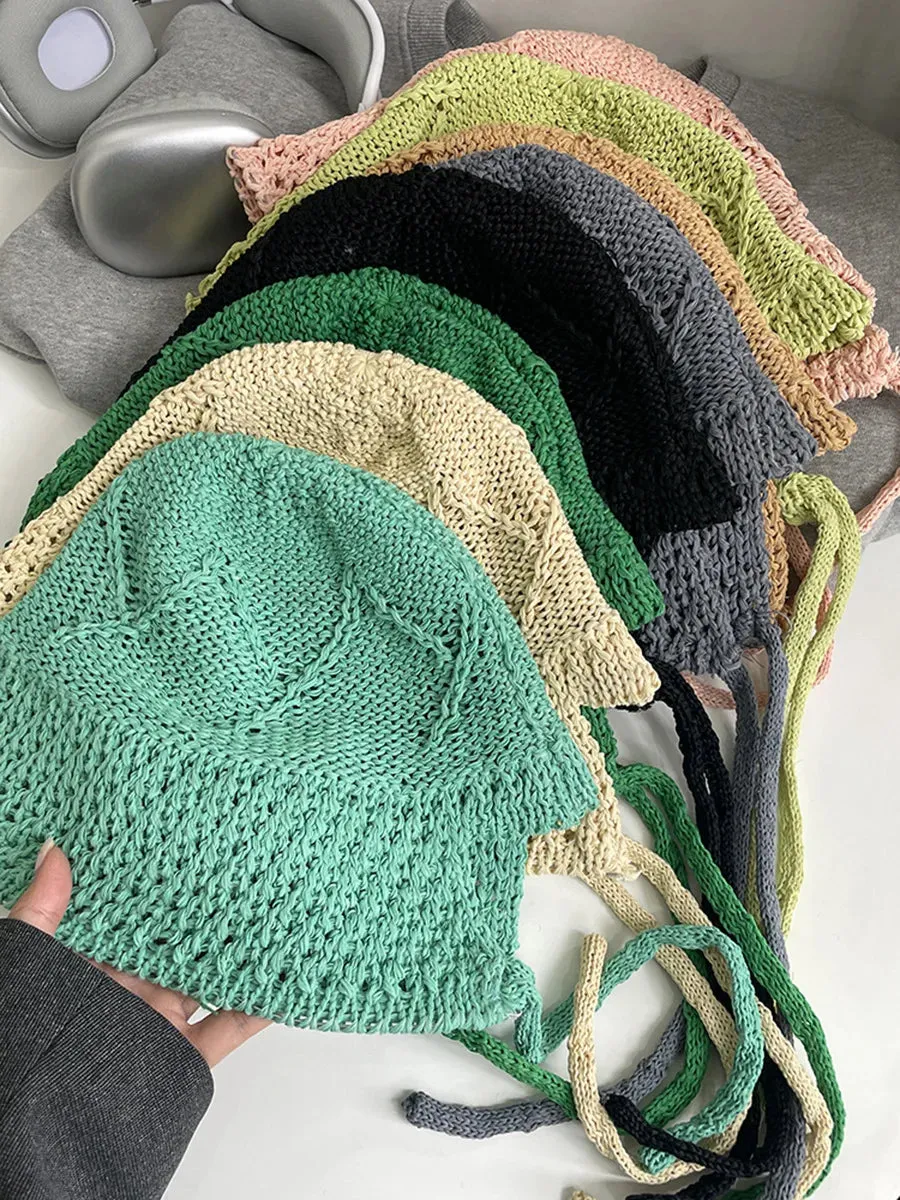 Sohiwoo Summer Knit Bucket Hats For Women Hollow Vent Panama Cap Female Foldable Fisherman Hat Outdoor Travel Sun Protection Hats Gorros