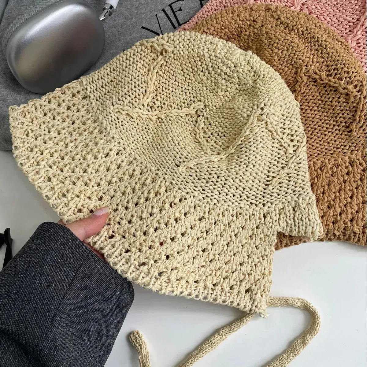 Sohiwoo Summer Knit Bucket Hats For Women Hollow Vent Panama Cap Female Foldable Fisherman Hat Outdoor Travel Sun Protection Hats Gorros