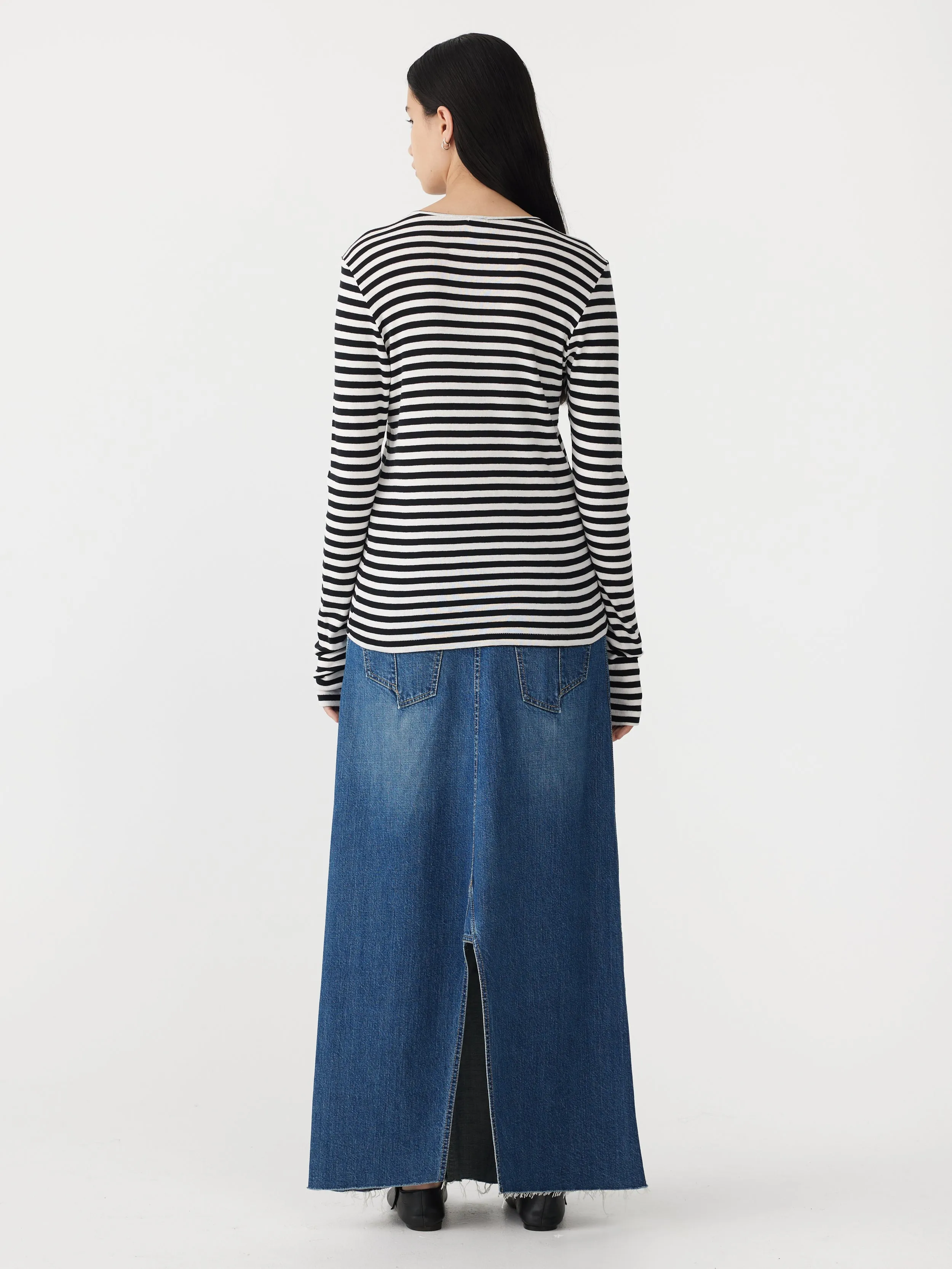 stripe rib placket long sleeve t.shirt