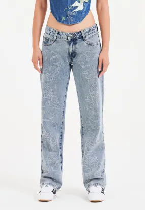 Womens Crystal Skull Straight Leg Denim Trousers Jeans - Blue