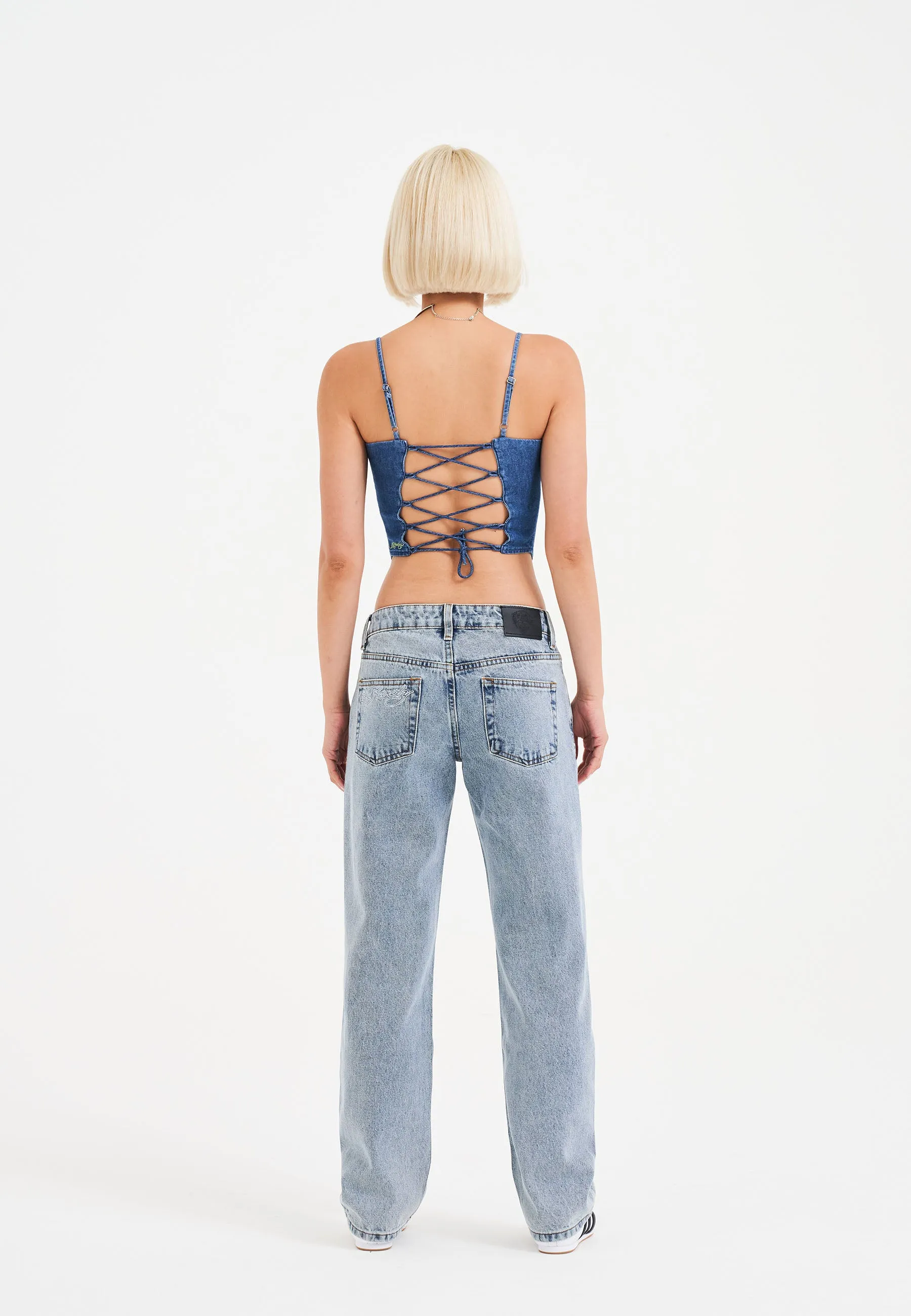 Womens Crystal Skull Straight Leg Denim Trousers Jeans - Blue