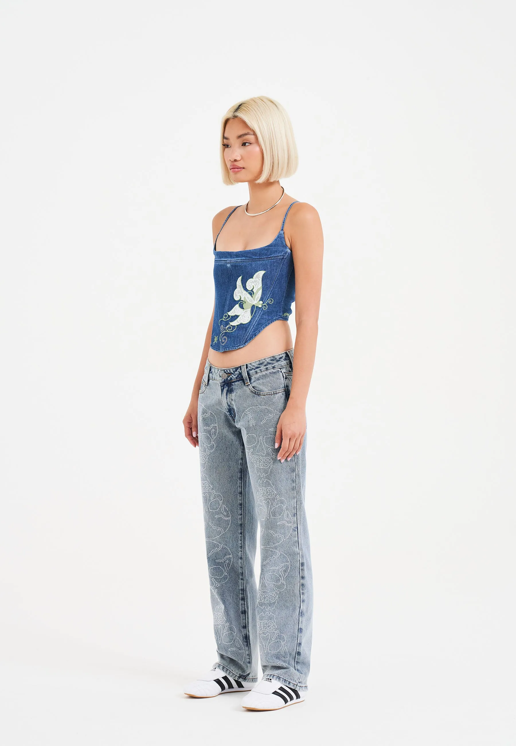 Womens Crystal Skull Straight Leg Denim Trousers Jeans - Blue