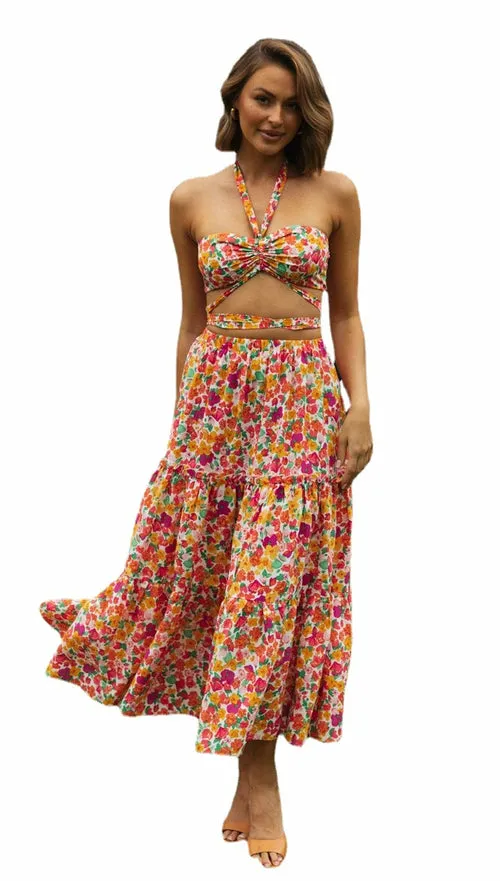 Women's Floral Crop Top Maxi Skirt Set 2 Piece Outfit Dress