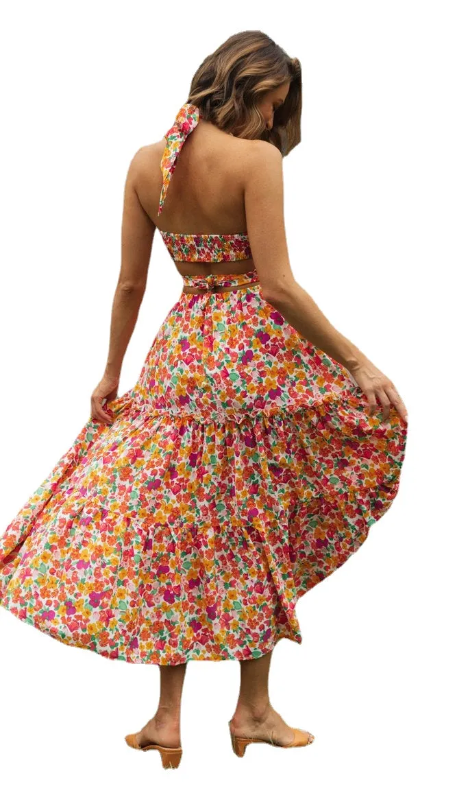 Women's Floral Crop Top Maxi Skirt Set 2 Piece Outfit Dress